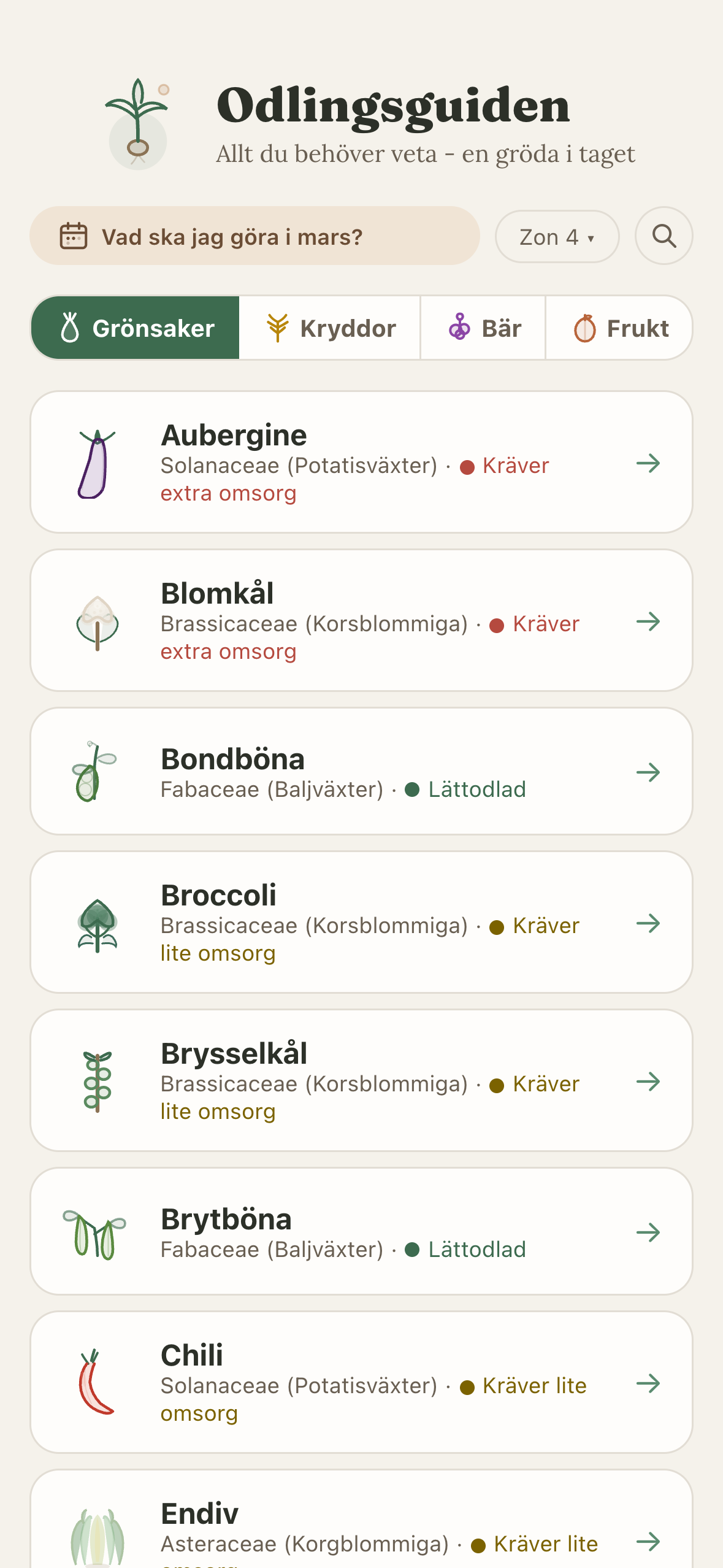 Odlingsguiden crop list with vegetables and custom SVG illustrations